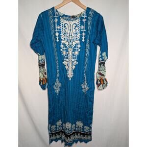 Middle Eastern Womens Patiyala‎ Kaftan Dress Sz M Turquoise Embroidered Indian